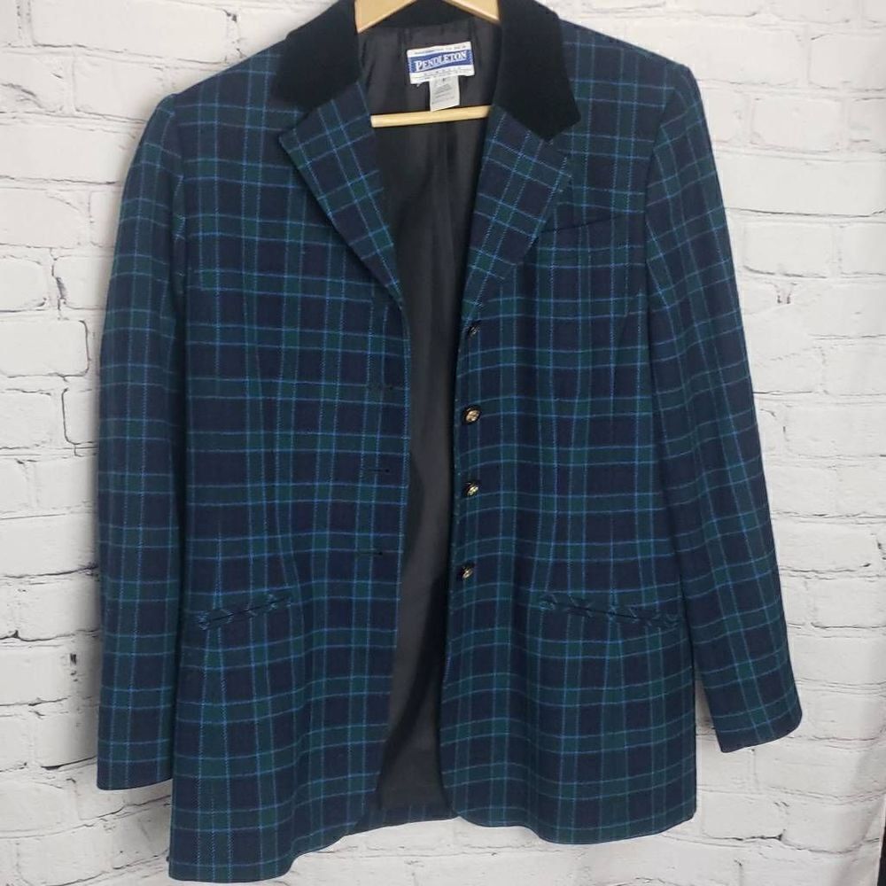Vintage Women Pendleton Green and Blue Plaid Jacket - Picture 3 of 10